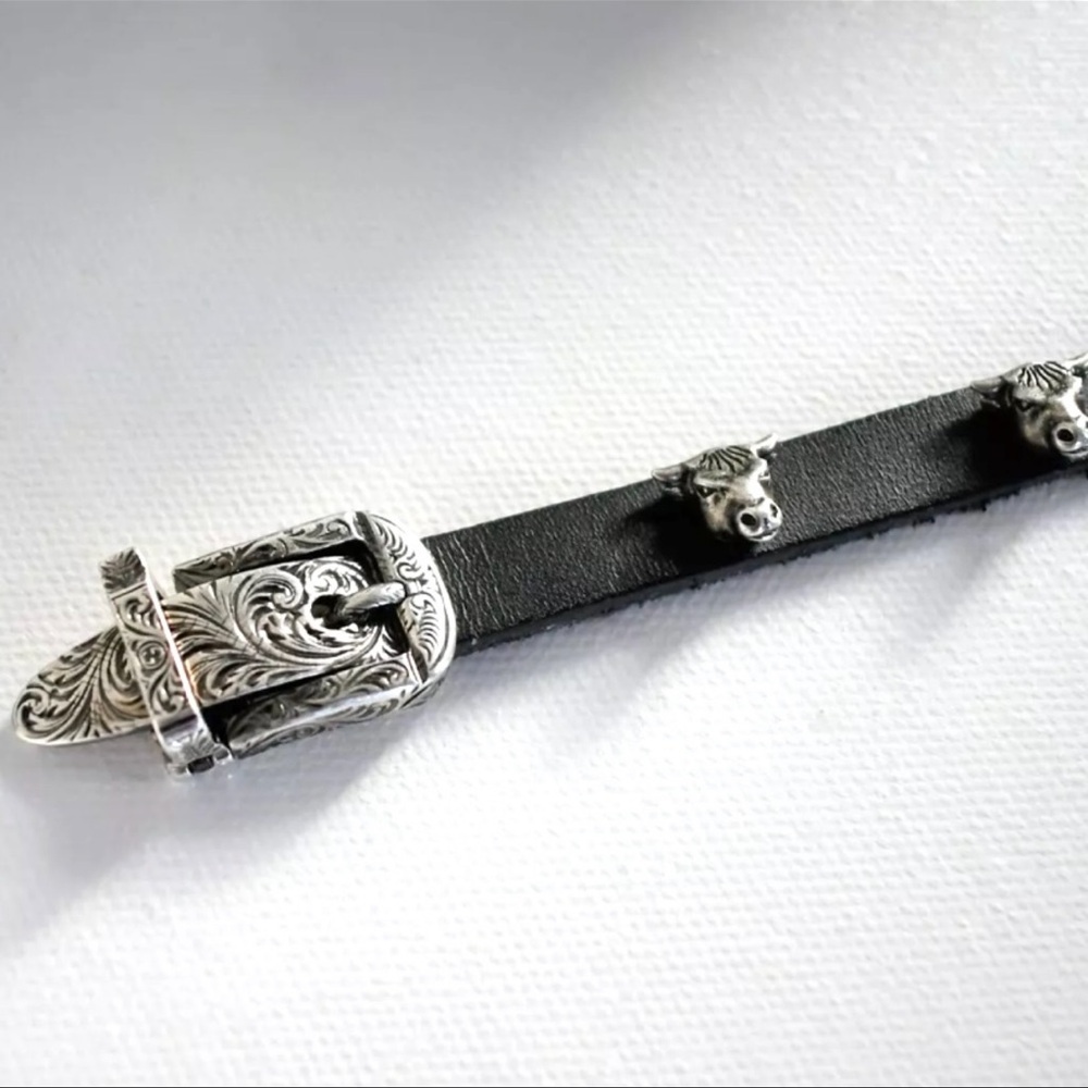 Gucci sterling silver anger forest bull head black leather choker/ double wrap - Picture 8 of 15